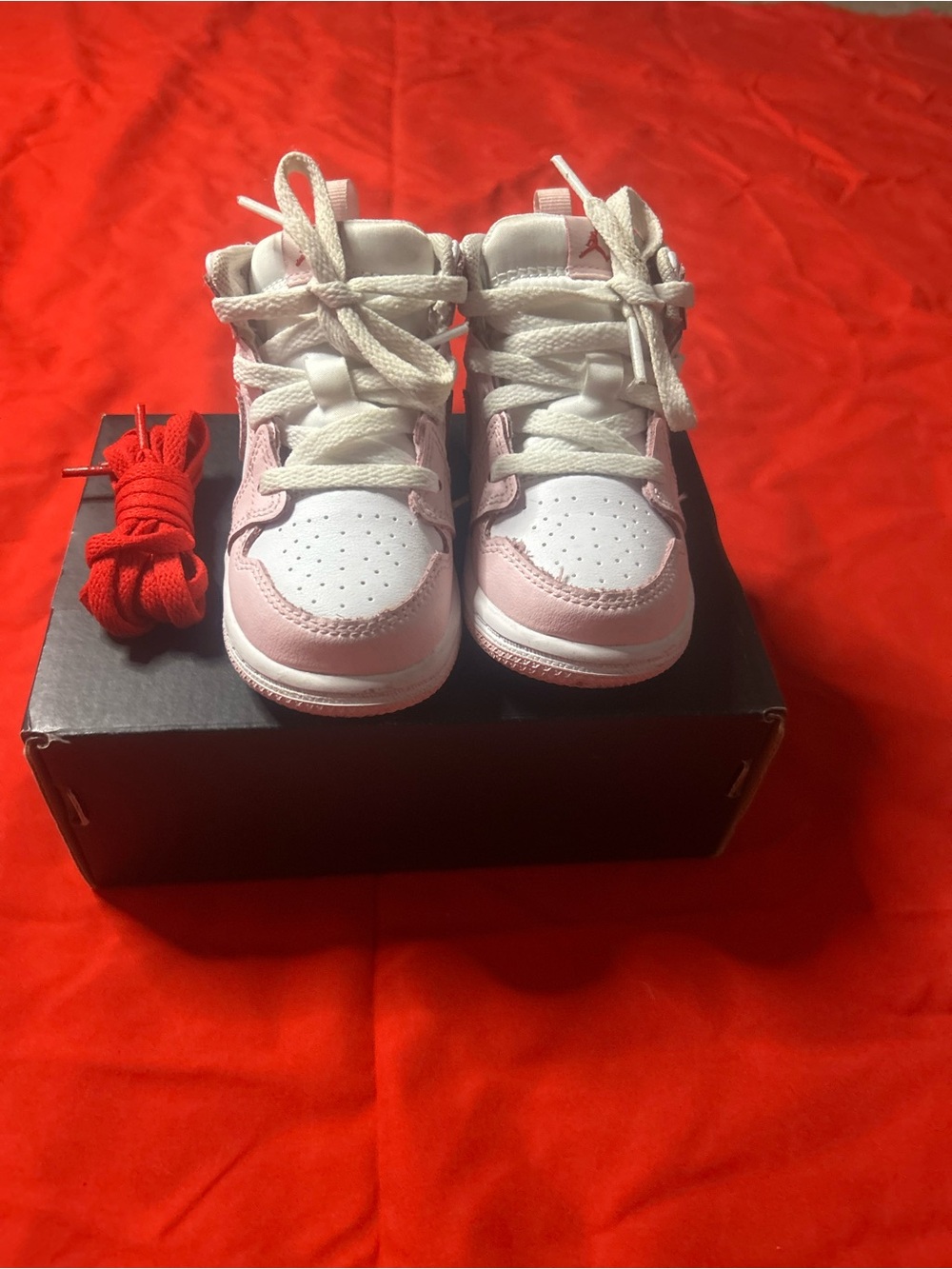 Jordan Kids White and Pink High-Top Sneakers with Extra Red Laces